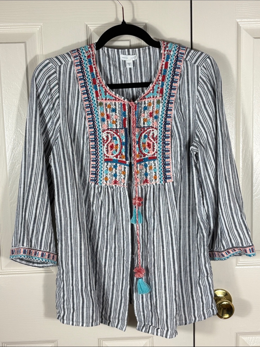 J. Jill Love Linen Striped Button-Down Shirt with Colorful Embroidered Yoke